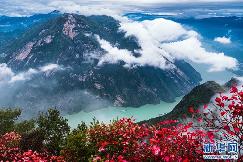 红叶映着碧绿江水，船行其间，山水相映成画。新华网发（王思政 摄）